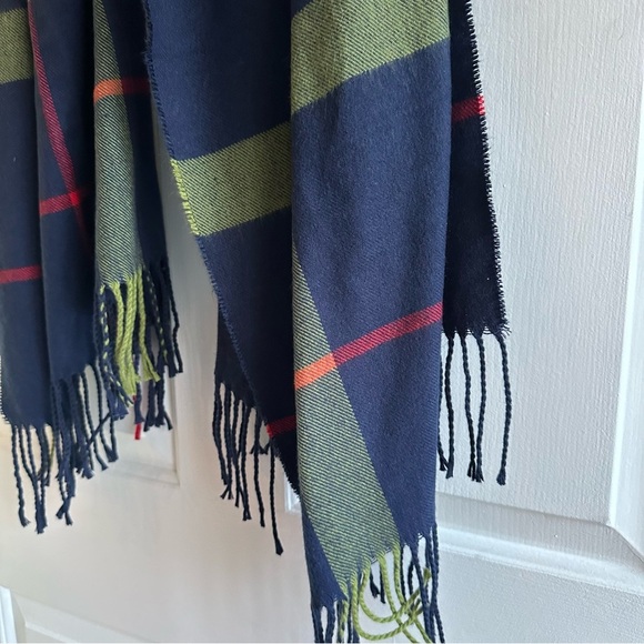 Vintage Tartan Cashmere Fringe Blanket Scarf Blue Red Plaid - Picture 3 of 7